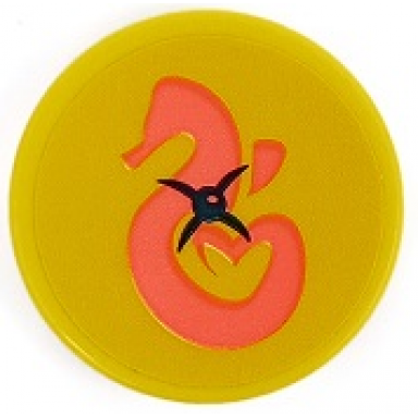 yellow tile round 2 x 2 with bottom stud holder with cushion with black button and coral seahorse pattern sticker - set 41381
