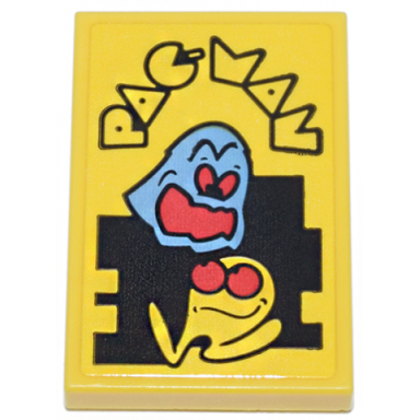 yellow tile 2 x 3 with black outline pac-man logo and yellow pac-man and medium blue ghost inky characters with red eyes and open mouth on black maze pattern sticker - set 10323