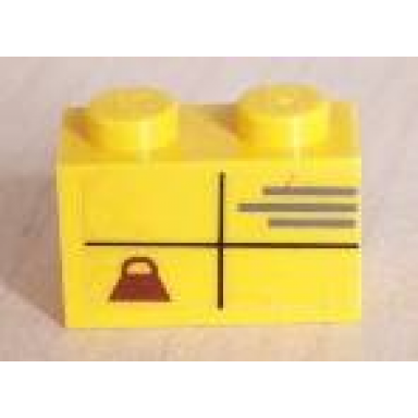 yellow brick 1 x 2 with parcel with weight pattern sticker - set 2150