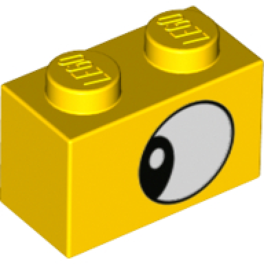 yellow brick 1 x 2 with black and white eye looking to side pattern
