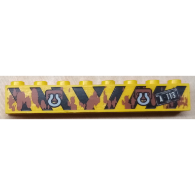 yellow brick 1 x 8 with mud on black and yellow danger stripes tow hooks and a-113 pattern sticker - set 8677