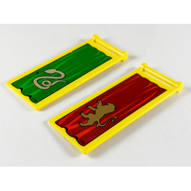 yellow flag 7 x 3 with bar handle with hp gryffindor lion on dark red banner hp slytherin snake on green banner pattern