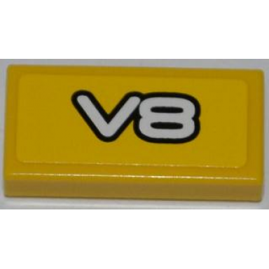 yellow tile 1 x 2 with white v8 pattern sticker - set 8148