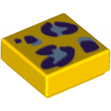 yellow tile 1 x 1 with bright light blue and dark purple leopard spots pattern