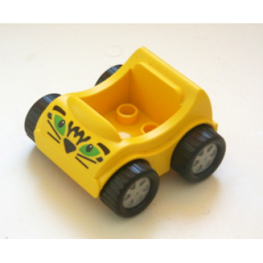yellow duplo car with molded pearl light gray wheels and black treaded tires with green eyes black nose whiskers and markings pattern