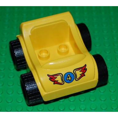 yellow duplo car with molded pearl light gray wheels and black treaded tires with number 4 in blue circle red flames pattern