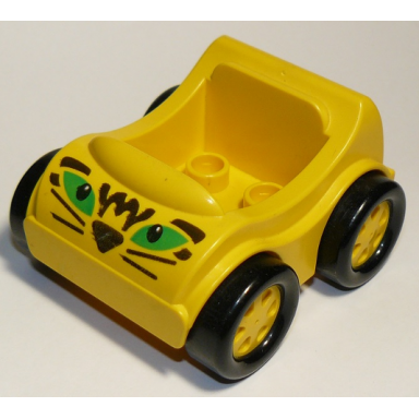 yellow duplo car with molded yellow wheels and black smooth tires with green eyes black nose whiskers and markings pattern