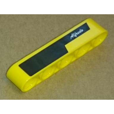 yellow technic liftarm thick 1 x 5 with alfredo and black and yellow stripes pattern model left side sticker - set 8264