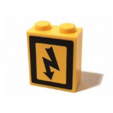 yellow brick 1 x 2 x 2 with inside axle holder with electricity danger sign pattern right sticker - set 3179