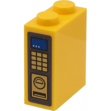 yellow brick 1 x 2 x 2 with inside stud holder with blue display and gold keypad and slots on dark bluish gray background pattern sticker - set 60271