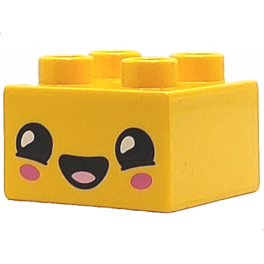 yellow duplo brick 2 x 2 with face with black and white eyes and mouth bright pink tongue and dark pink cheeks pattern