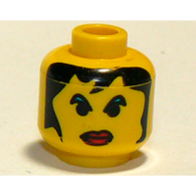 yellow minifigure head female with red lips large green eyebrows and long hair pattern