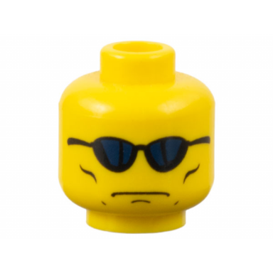 yellow minifigure head glasses with blue sunglasses grim face with cheek lines pattern