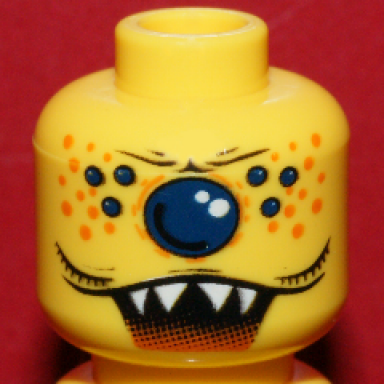 yellow minifigure head alien with single eye spots and jagged teeth pattern