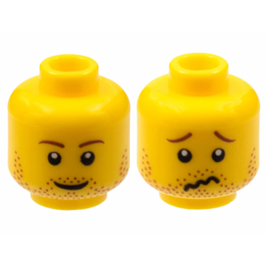 yellow minifigure head dual sided reddish brown eyebrows and beard stubble grin worried wavy mouth pattern