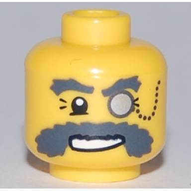 yellow minifigure head glasses with monocle on chain and bushy dark bluish gray eyebrows and moustache pattern