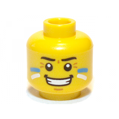 yellow minifigure head face paint with blue and white painted cheeks and grin pattern