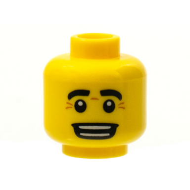 yellow minifigure head black eyebrows white pupils wrinkles open mouth smile with teeth pattern
