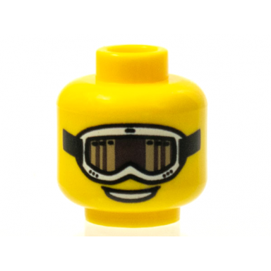 yellow minifigure head white ski goggles with black strap and dark tan and dark brown lens open mouth smile with teeth pattern