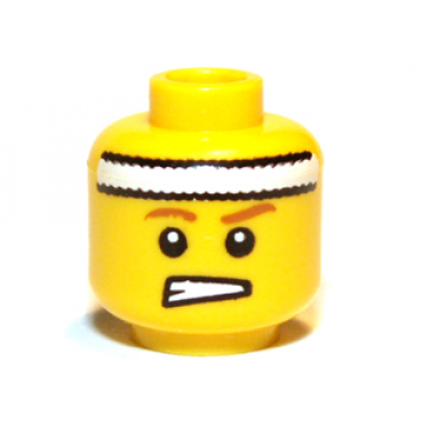 yellow minifigure head male headband white brown eyebrows teeth clenched pattern
