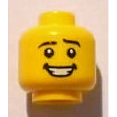 yellow minifigure head black eyebrows white pupils open mouth smile with teeth pattern
