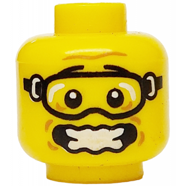 yellow minifigure head black eyebrows goggles medium nougat dimples furrowed brow open mouth scared and wavy with teeth pattern