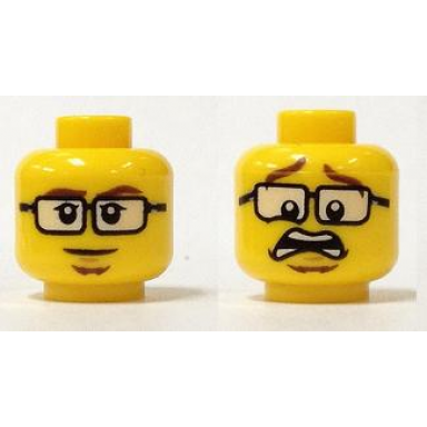 yellow minifigure head dual sided black glasses brown eyebrows and goatee closed mouth scared open mouth pattern