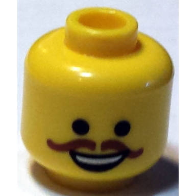 yellow minifigure head black eyes open mouth smile and curly brown moustache pattern western emmet