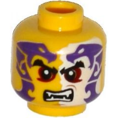 yellow minifigure head black eyebrows dark red eyes dark purple and white snakes tattoo open mouth with fangs pattern