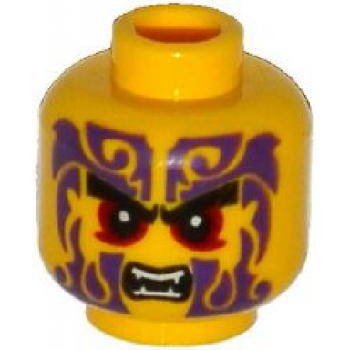 yellow minifigure head black eyebrows dark red eyes dark purple tattoos open mouth with fangs pattern