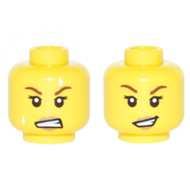 yellow minifigure head dual sided female dark tan lips white sweat beads teeth clenched lopsided open smile pattern