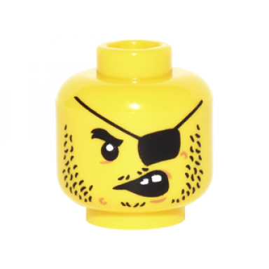 yellow minifigure head beard black stubble long eye patch crooked open mouth with 2 teeth pattern