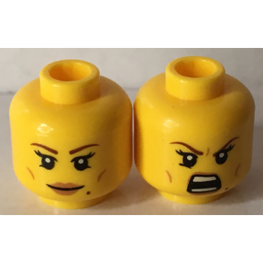 yellow minifigure head dual sided female brown eyebrows eyelashes peach lips beauty mark smile open mouth bared teeth pattern