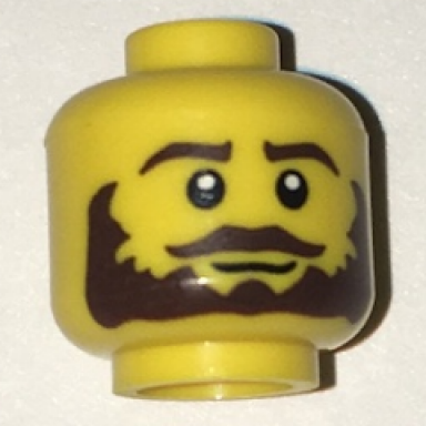yellow minifigure head beard dark brown bushy moustache white pupils pattern