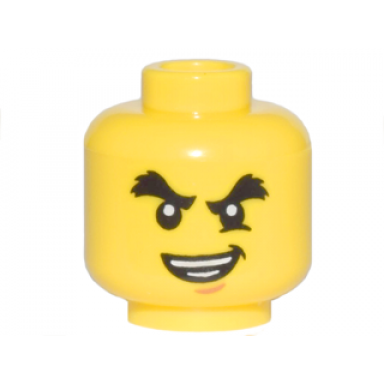 yellow minifigure head black bushy eyebrows medium nougat chin dimple lopsided open mouth smile with teeth parted pattern