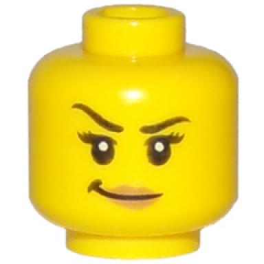 yellow minifigure head female black eyebrows right raised eyelashes medium nougat lips smirk pattern