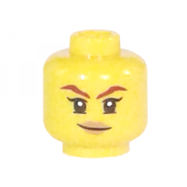 yellow minifigure head female dark red eyebrows medium nougat lips lopsided smile pattern