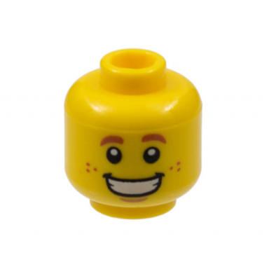 yellow minifigure head dark orange eyebrows and freckles wide grin with teeth pattern