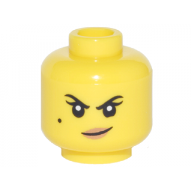 yellow minifigure head female black eyebrows single eyelashes and beauty mark nougat lips smirk pattern