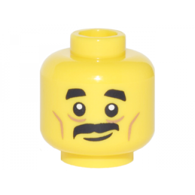 yellow minifigure head black short eyebrows medium nougat cheek lines black moustache slight smile pattern