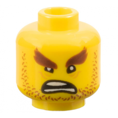 yellow minifigure head reddish brown bushy eyebrows and stubble wrinkles angry open mouth scowl with teeth parted pattern