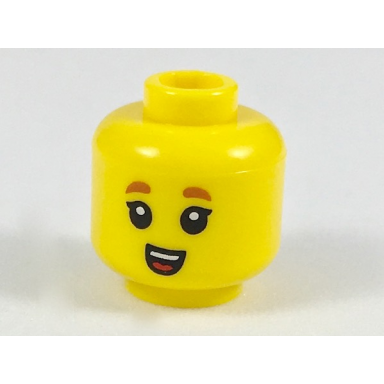 yellow minifigure head child dark orange small eyebrows small open mouth with teeth and tongue pattern