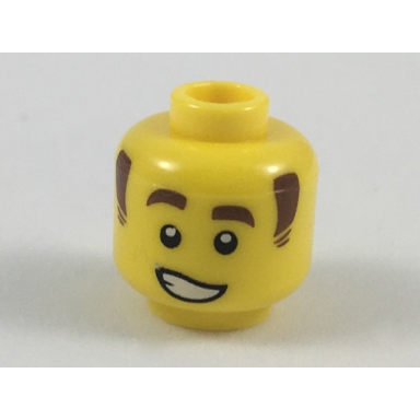 yellow minifigure head reddish brown eyebrows and sideburns lopsided grin with teeth pattern