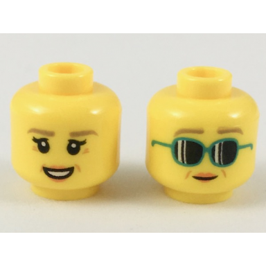 yellow minifigure head dual sided female dark tan eyebrows medium nougat crows feet peach lips smile dark turquoise sunglasses pattern
