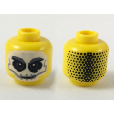 yellow minifigure head alien with white full face skull tattoo 2 silver stars on forehead black dots hair on back pattern