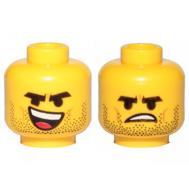 yellow minifigure head dual sided black eyebrows stubble open smile tongue angry pattern rex dangervest