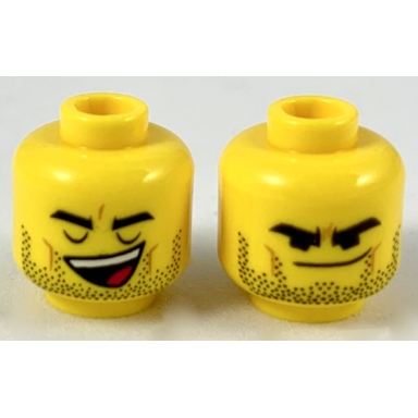 yellow minifigure head dual sided black thick eyebrows and stubble closed eyes open mouth smirk with lowered eyebrows pattern