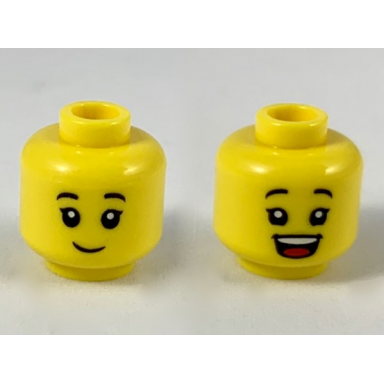 yellow minifigure head dual sided child female black eyebrows grin open mouth smile pattern