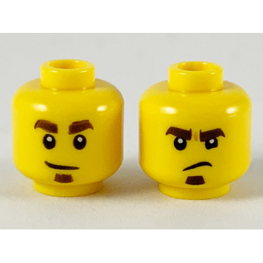 yellow minifigure head dual sided dark brown eyebrows and soul patch smirk frown pattern