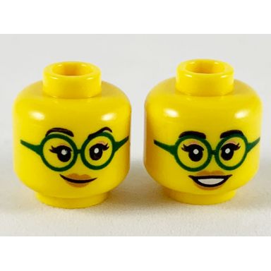 yellow minifigure head dual sided female black eyebrows eyelashes nougat eye shadow dark green glasses medium nougat lips lopsided grin open mouth smile with teeth pattern